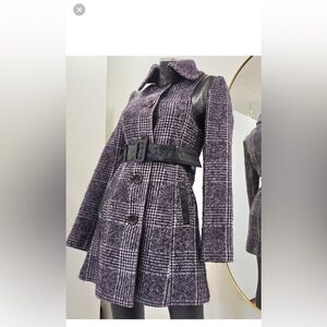 Mackage Wool-Blend Coat – Purple Plaid with Black Leather Accents – XS